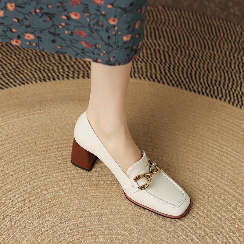 Daira Genuine Leather Square Toe Heels
