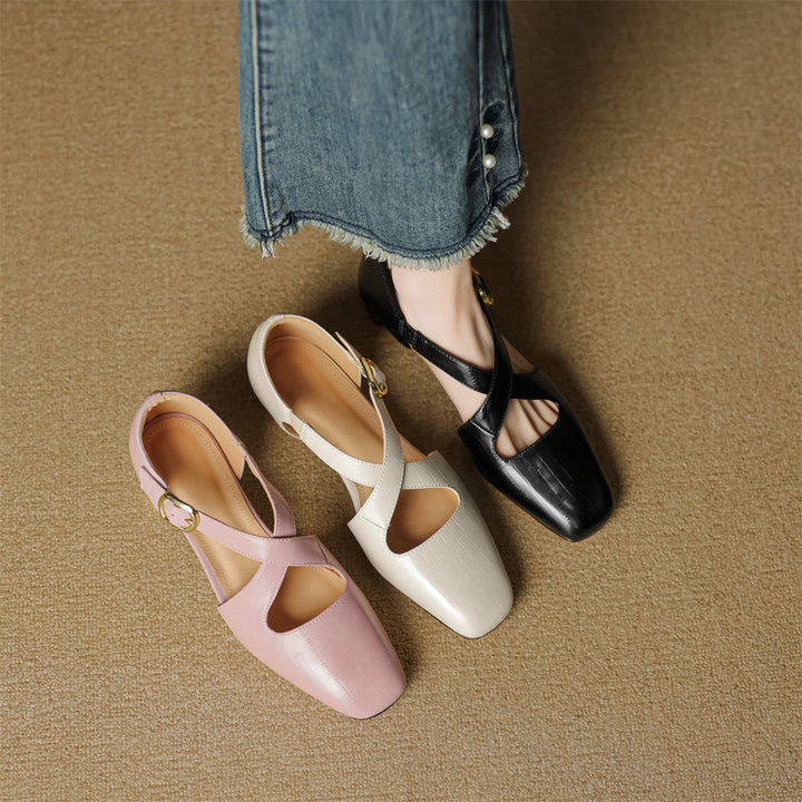 Rela Genuine Leather Cross-Strap Pumps