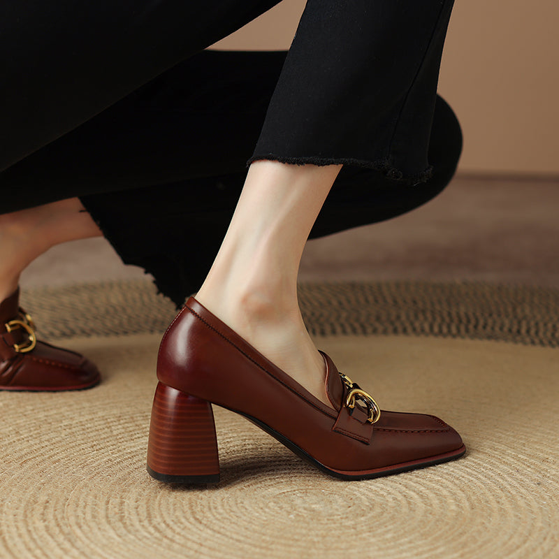 Daira Genuine Leather Square Toe Heels