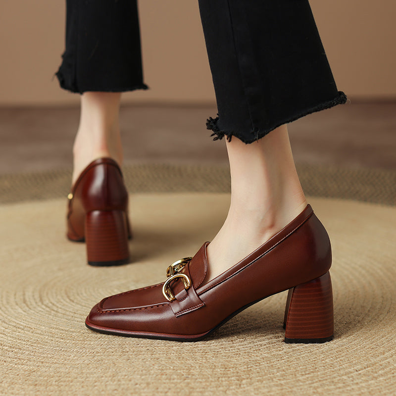 Daira Genuine Leather Square Toe Heels