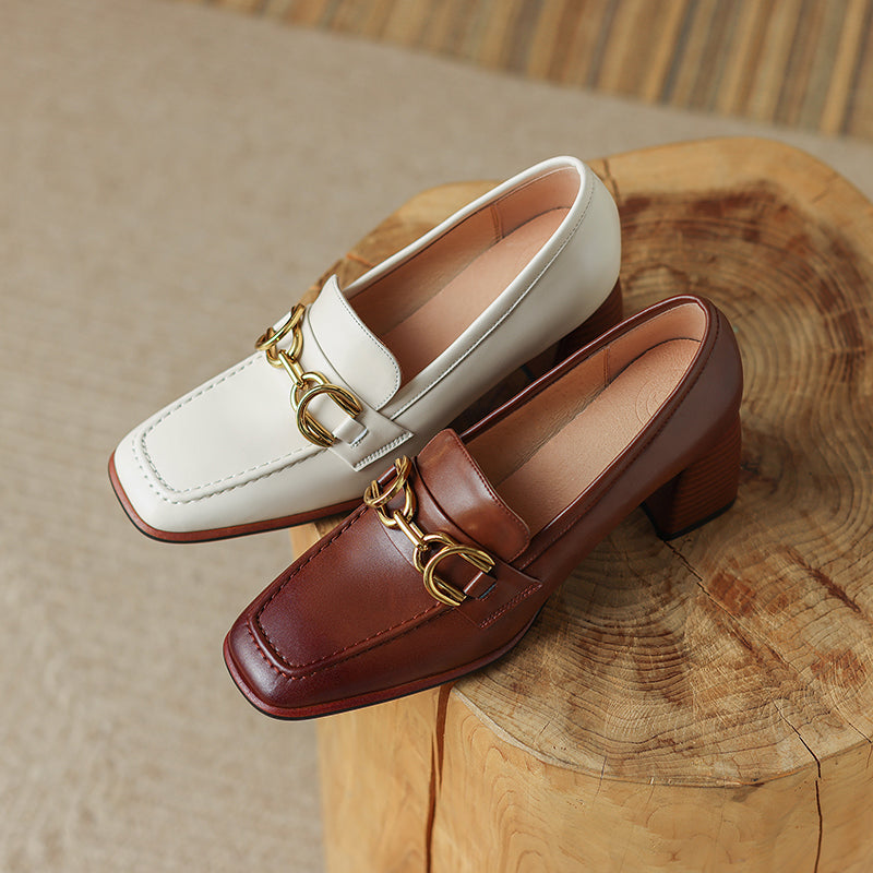 Daira Genuine Leather Square Toe Heels