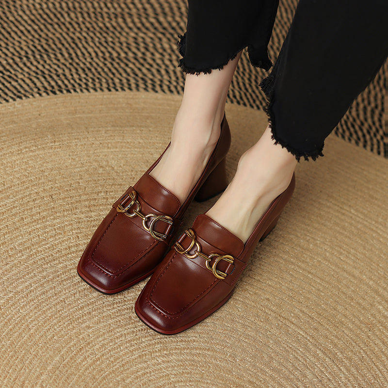 Daira Genuine Leather Square Toe Heels