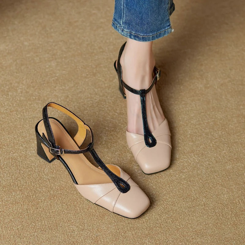 Gloria Genuine Leather T-Strap Heels