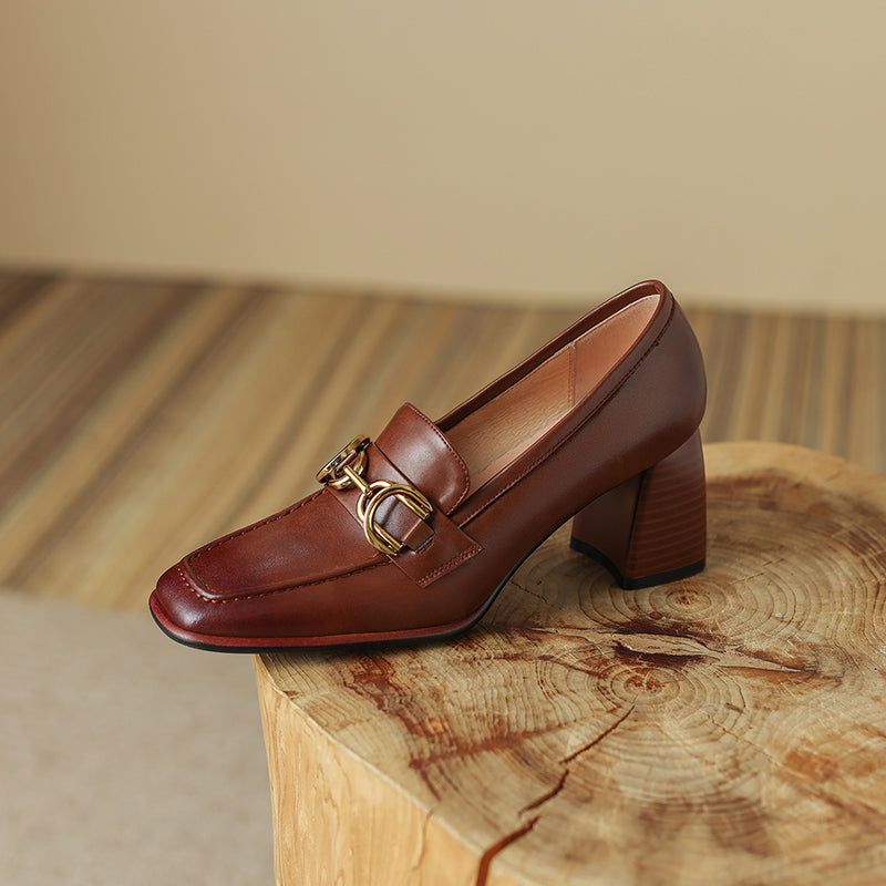 Daira Genuine Leather Square Toe Heels