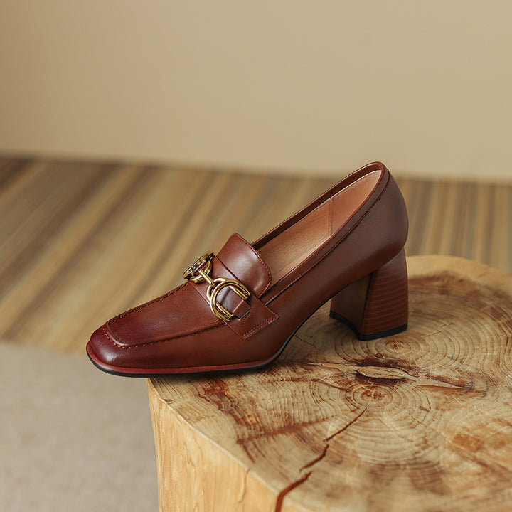 Daira Genuine Leather Square Toe Heels