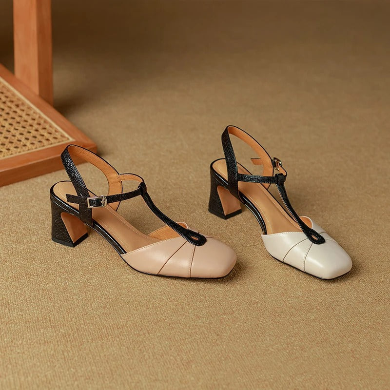 Gloria Genuine Leather T-Strap Heels