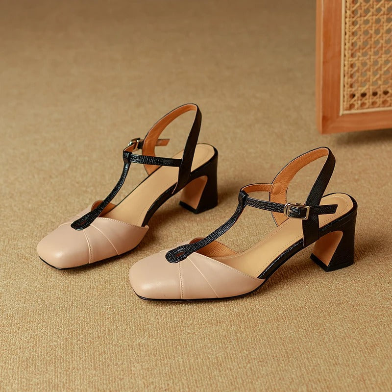Gloria Genuine Leather T-Strap Heels