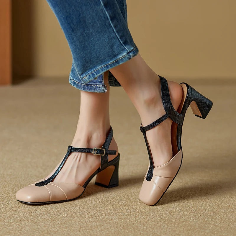 Gloria Genuine Leather T-Strap Heels