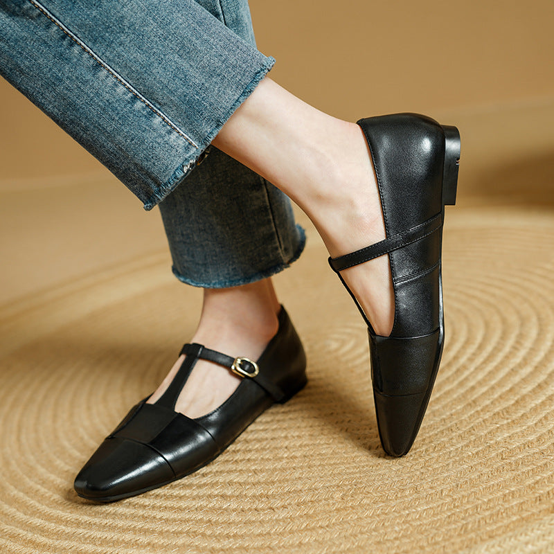 Letha Genuine Leather T-Strap Flats