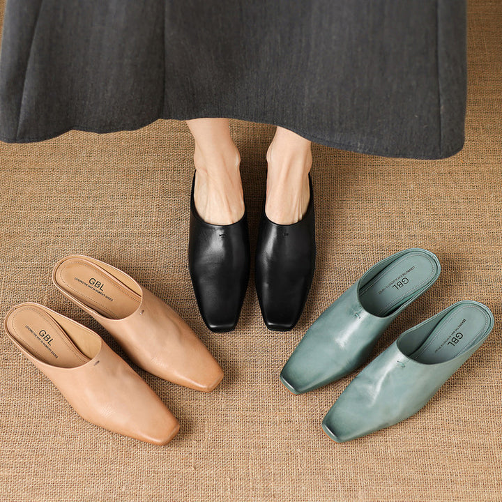 Kessa Genuine Leather Square-Toe Mules