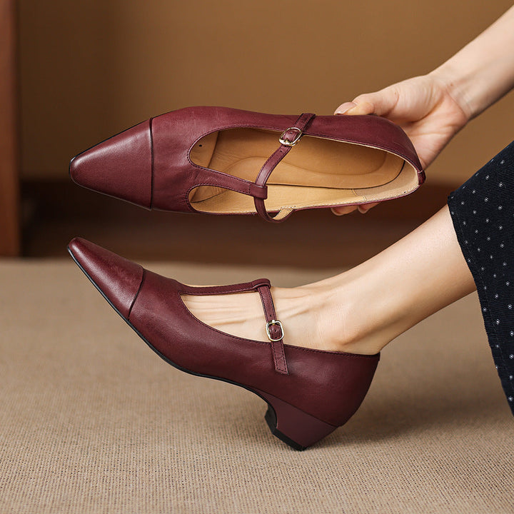 Boria Genuine Leather T-strap Heels