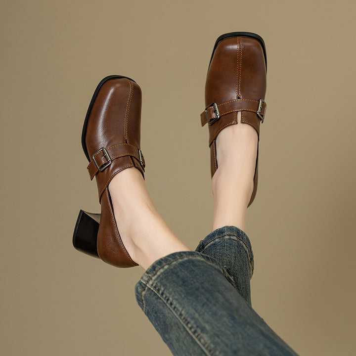 Norah Genuine Leather Buckle Heels