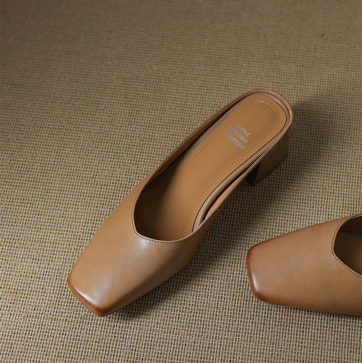 Velen Genuine Leather Square Toe Mule Heels