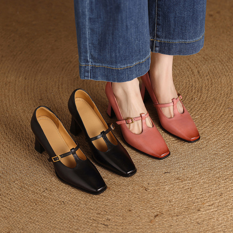 Petra Genuine Leather T-Strap Block Heels