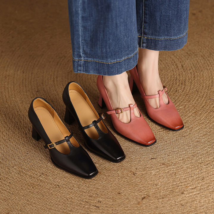 Petra Genuine Leather T-Strap Block Heels