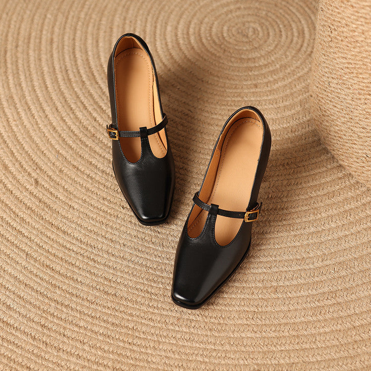 Petra Genuine Leather T-Strap Block Heels