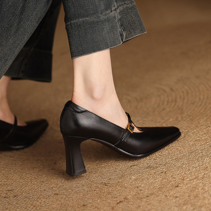 Petra Genuine Leather T-Strap Block Heels