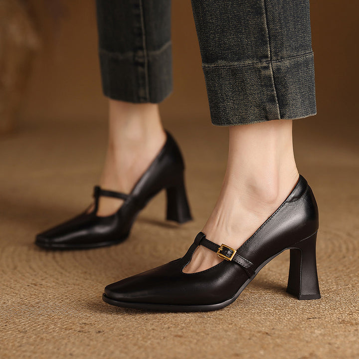 Petra Genuine Leather T-Strap Block Heels