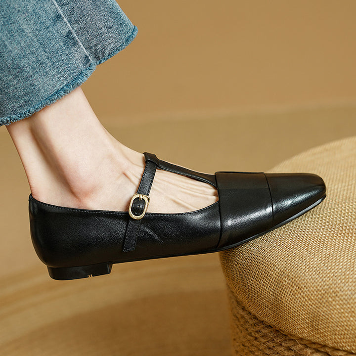 Letha Genuine Leather T-Strap Flats