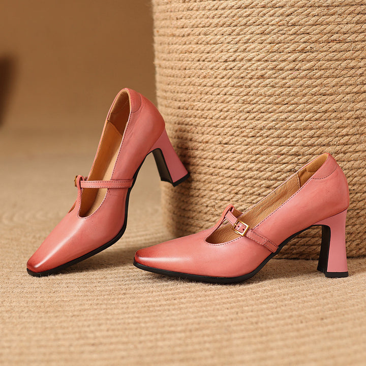Petra Genuine Leather T-Strap Block Heels