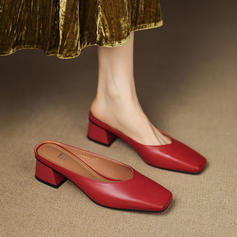 Velen Genuine Leather Square Toe Mule Heels