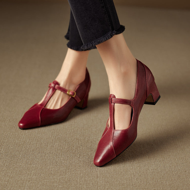Eslin Genuine Leather T-Strap Heels