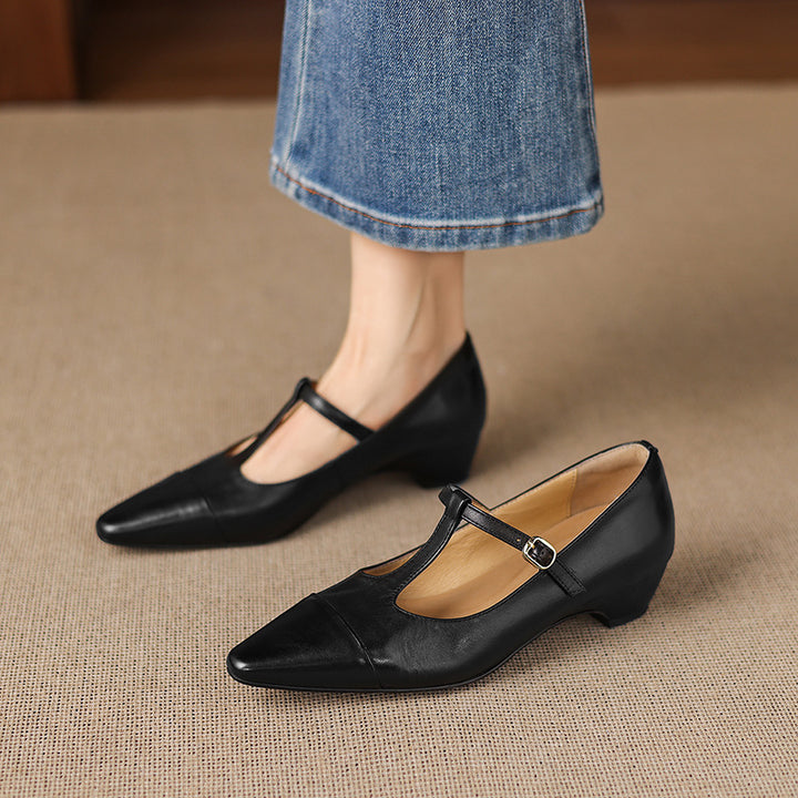 Boria Genuine Leather T-strap Heels