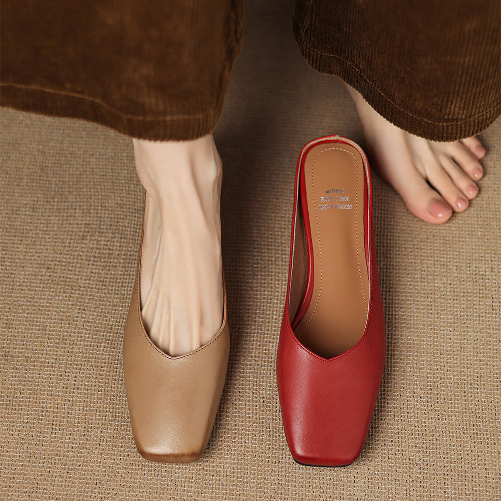 Velen Genuine Leather Square Toe Mule Heels