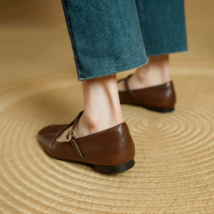 Letha Genuine Leather T-Strap Flats