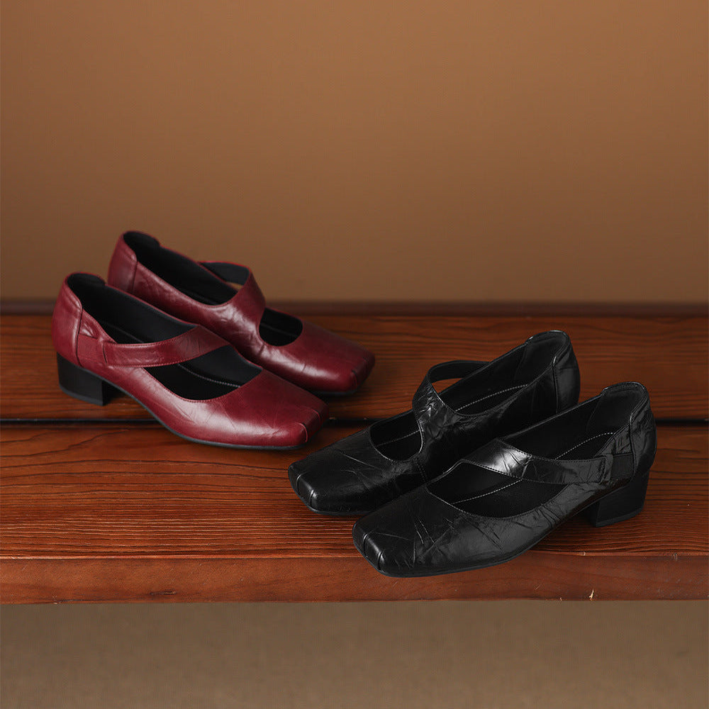 Eslin Genuine Leather Square Toe Pumps
