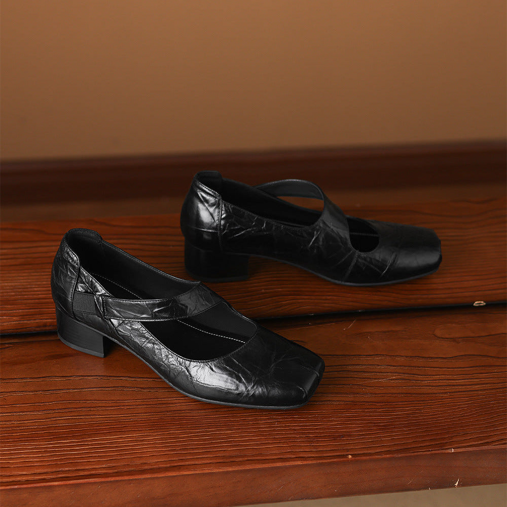 Eslin Genuine Leather Square Toe Pumps