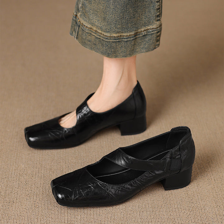 Eslin Genuine Leather Square Toe Pumps