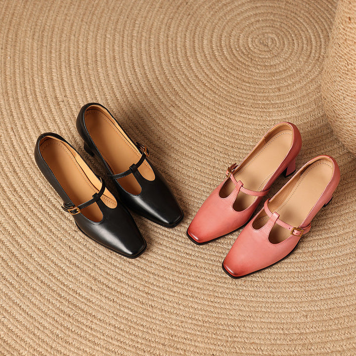 Petra Genuine Leather T-Strap Block Heels