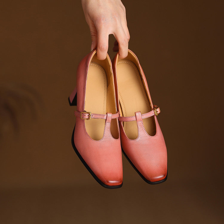 Petra Genuine Leather T-Strap Block Heels