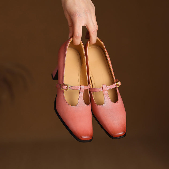 Petra Genuine Leather T-Strap Block Heels