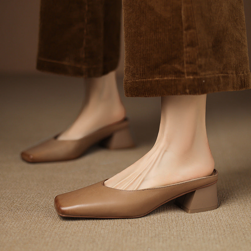 Velen Genuine Leather Square Toe Mule Heels