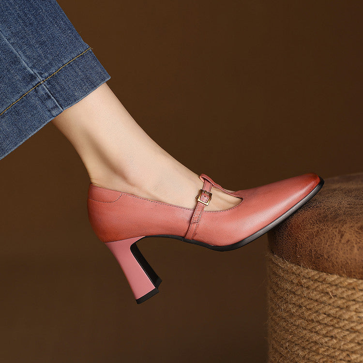Petra Genuine Leather T-Strap Block Heels