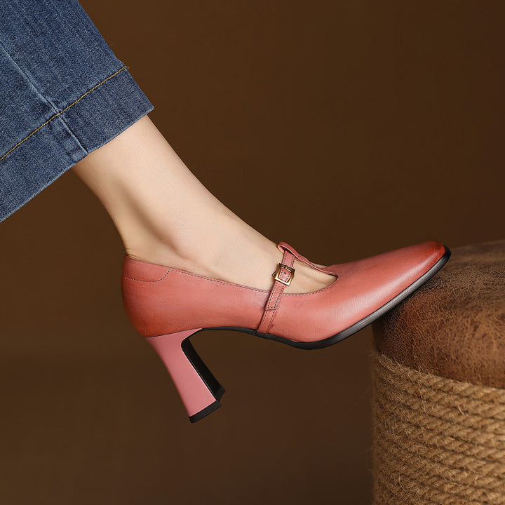 Petra Genuine Leather T-Strap Block Heels