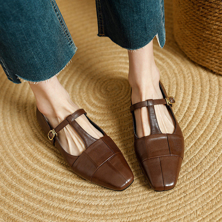 Letha Genuine Leather T-Strap Flats
