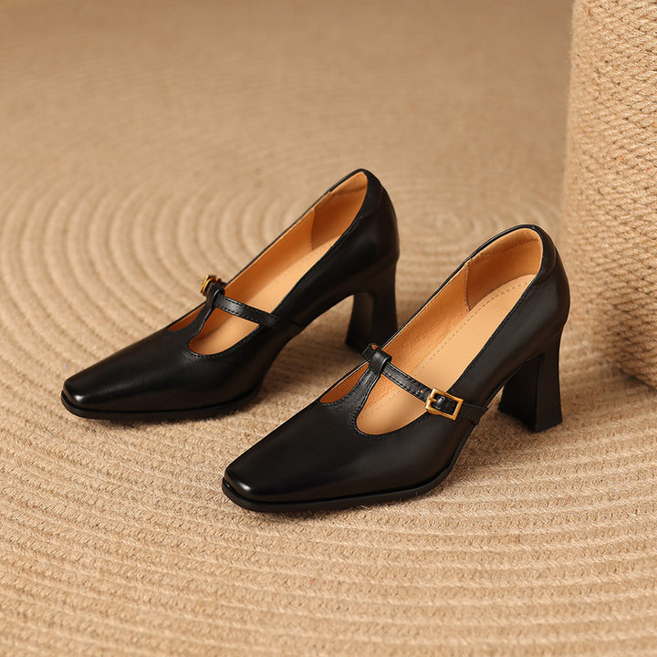 Petra Genuine Leather T-Strap Block Heels