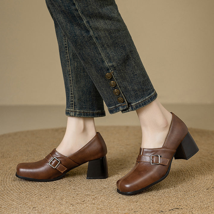 Norah Genuine Leather Buckle Heels