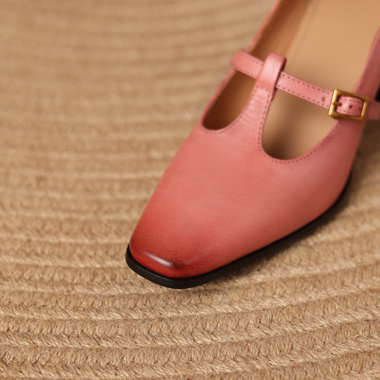 Petra Genuine Leather T-Strap Block Heels