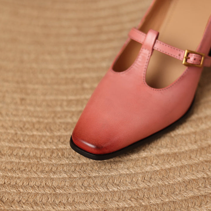 Petra Genuine Leather T-Strap Block Heels