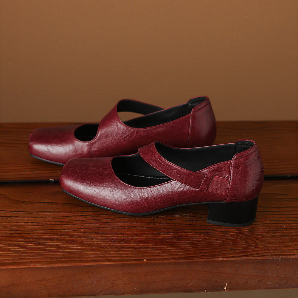 Eslin Genuine Leather Square Toe Pumps