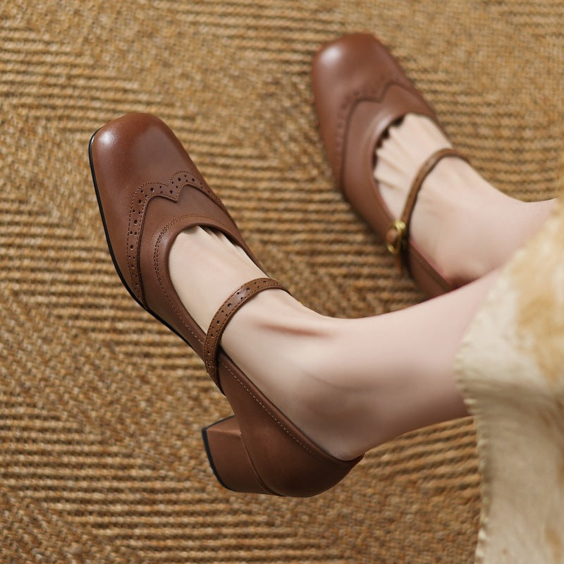 Harel Genuine Leather Wingtip Brogue Heels