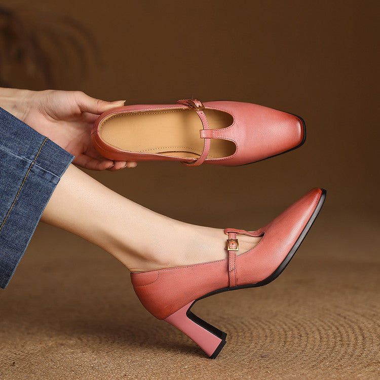 Petra Genuine Leather T-Strap Block Heels