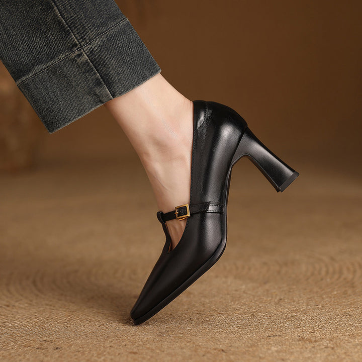 Petra Genuine Leather T-Strap Block Heels