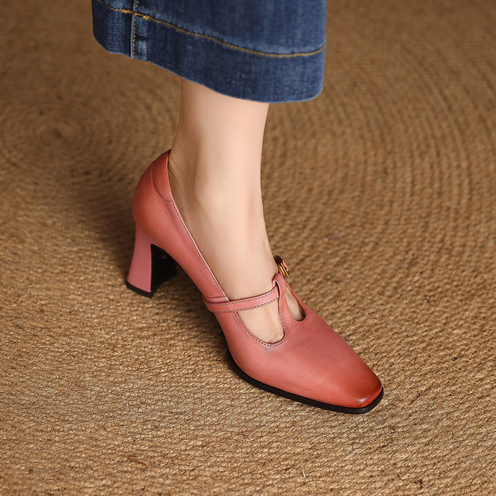 Petra Genuine Leather T-Strap Block Heels