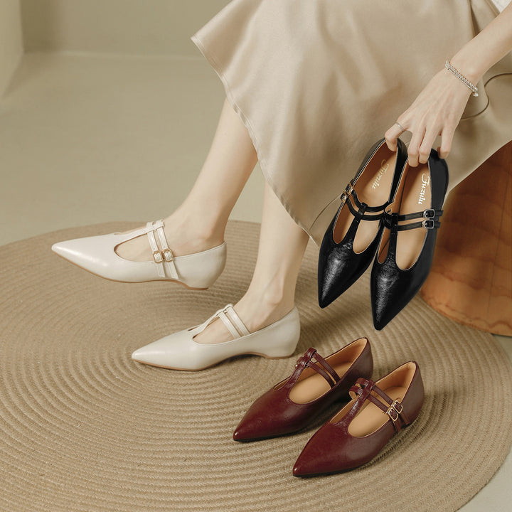 Olara Dual T-Strap Leather Heels