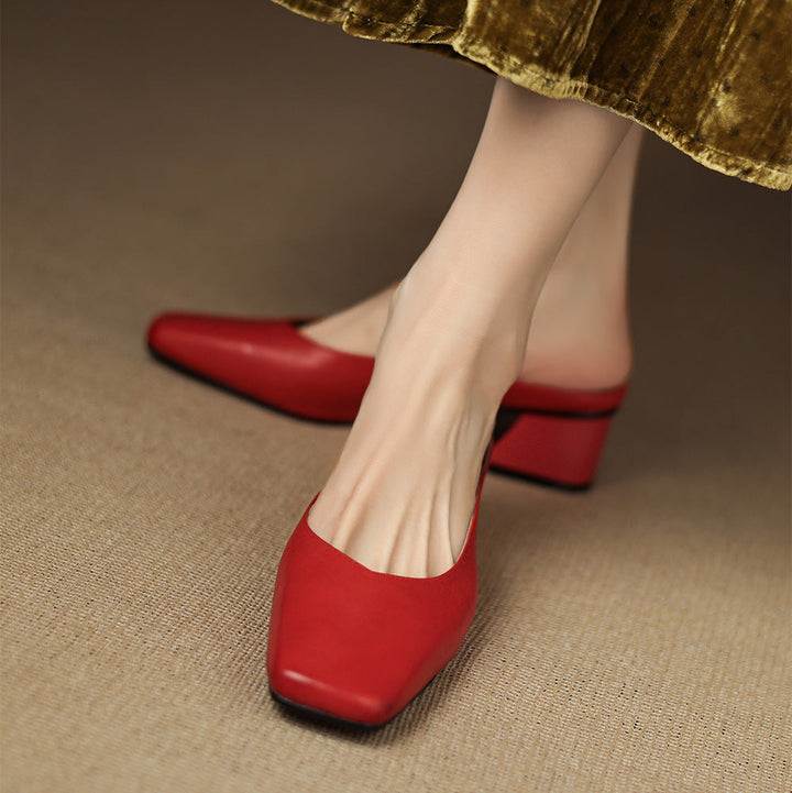 Velen Genuine Leather Square Toe Mule Heels